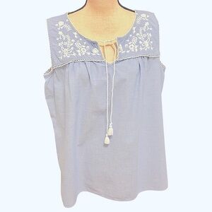 Talbots Top Denim Blue Chambray Popover Tassel Tie White Embroidery Plus Size 1x